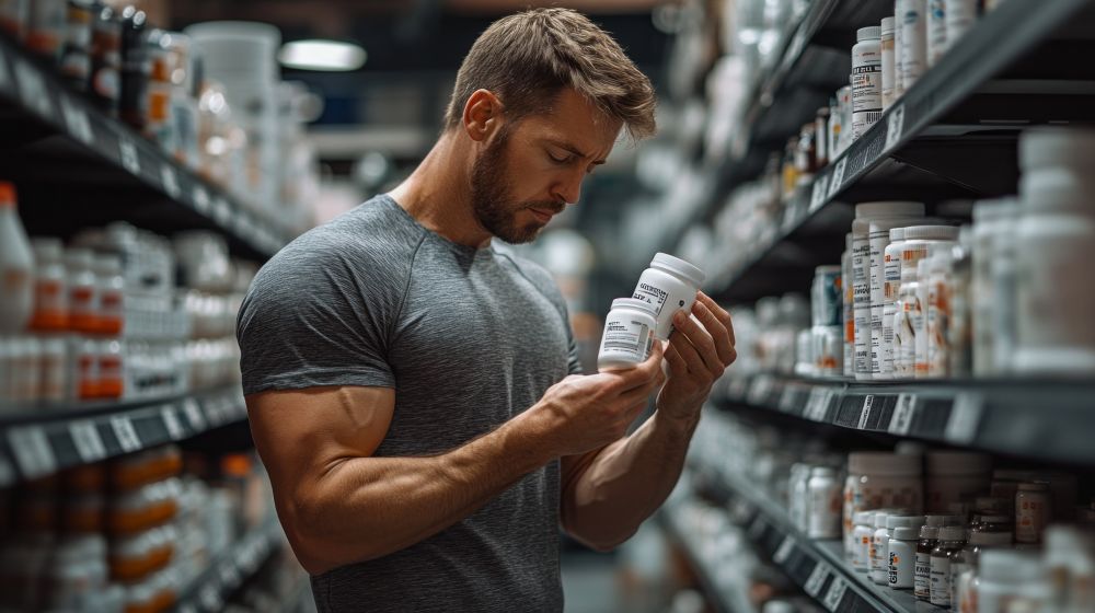 A man in a gray shirt examines a bottle of supplements in a supplement store Singapore, surrounded by aisles lined with various bottles and containers.