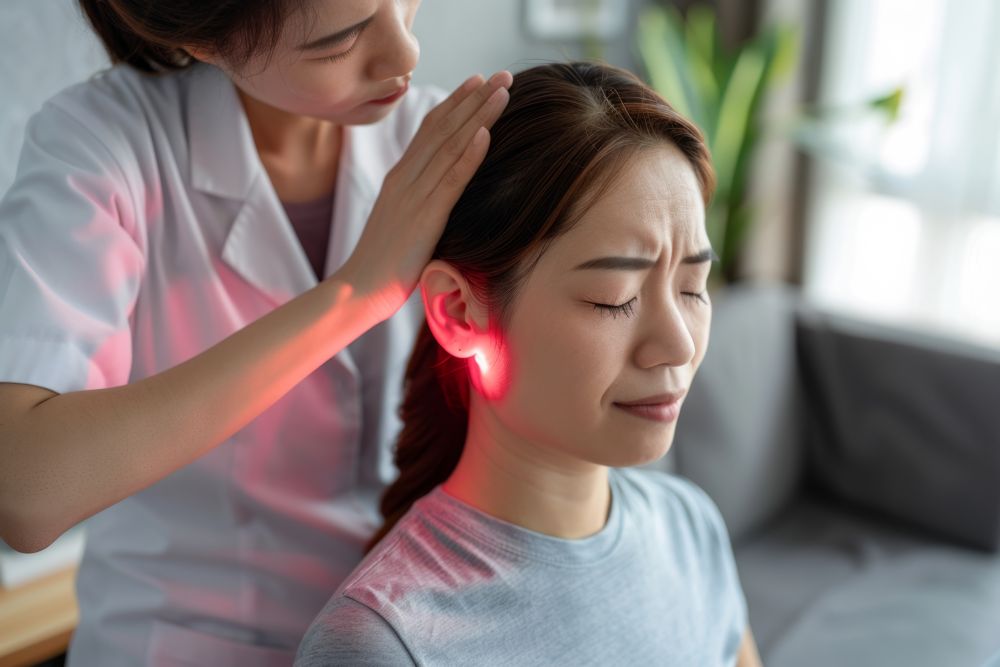 A healthcare professional examines a woman's ear using a red light, possibly exploring a natural treatment for chronic headaches caused by neck tension, while the woman sits with her eyes closed, appearing slightly uncomfortable.